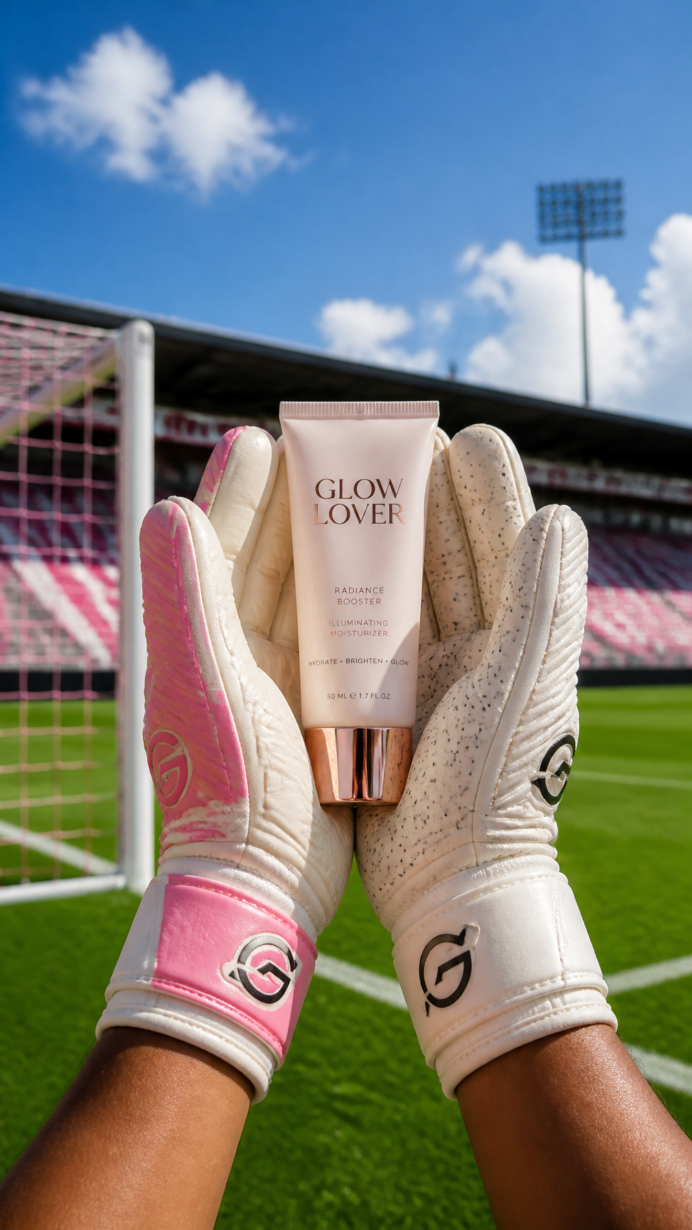 A pair of goalkeeper gloves, one with pink accents, is held in the center of the frame, s…