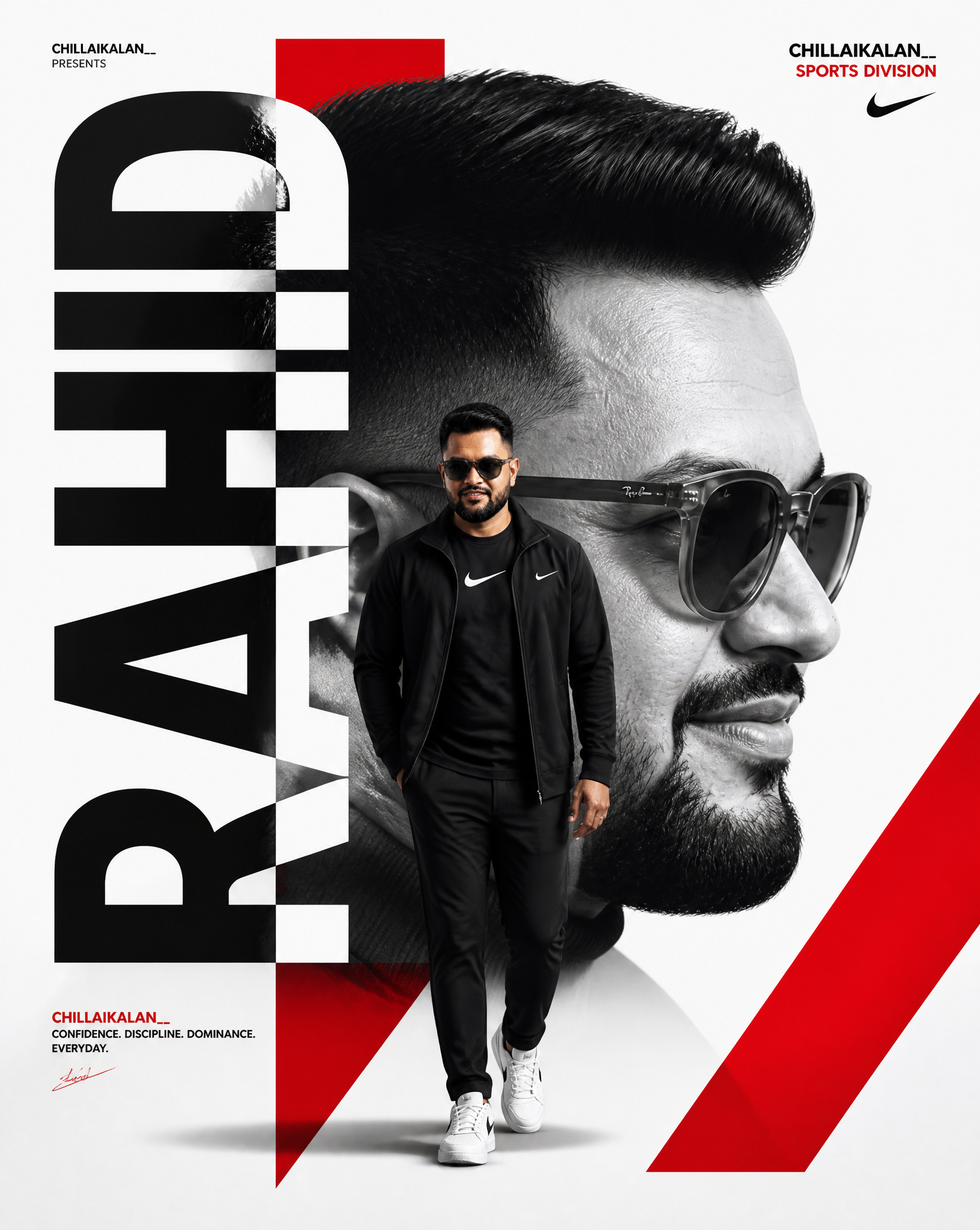 Create Ultra-premium minimalist sports poster featuring a confident man same as refrence …
