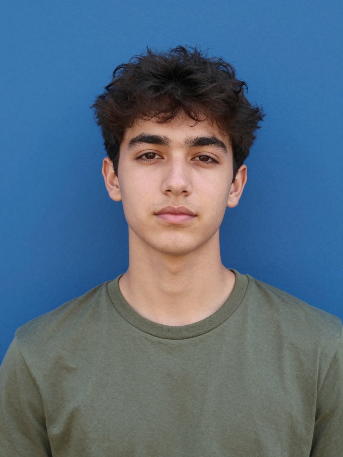 A young man with dark, textured hair poses for a centered portrait against a flat, vibran…