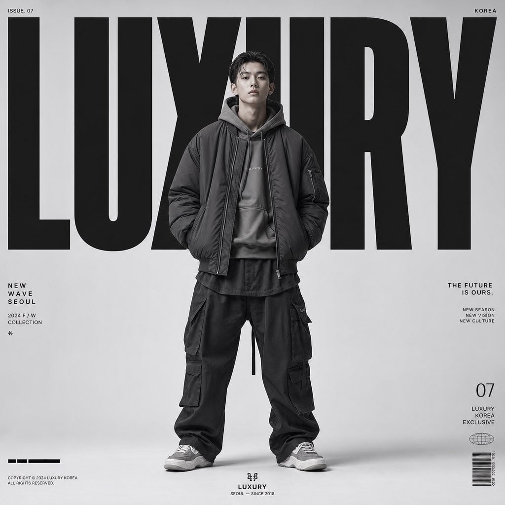 Create a premium high-fashion editorial poster for "LUXURY " in a luxury Korean streetwea…