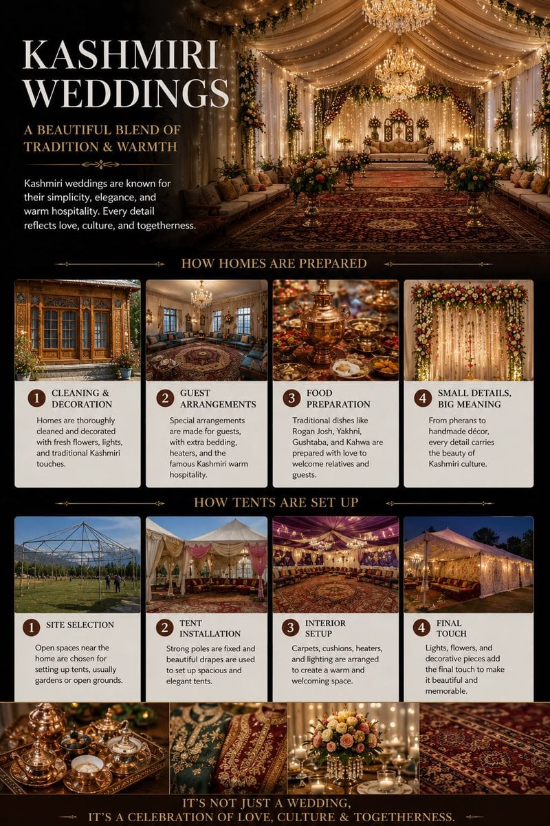 Create an ultra-luxury cinematic infographic poster about Traditional Kashmiri Weddings, …