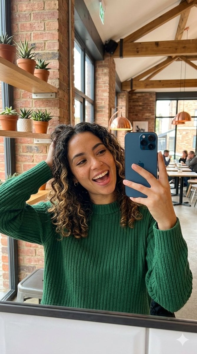A vertical mirror selfie of a cheerful young woman with light brown skin, subtle freckles…