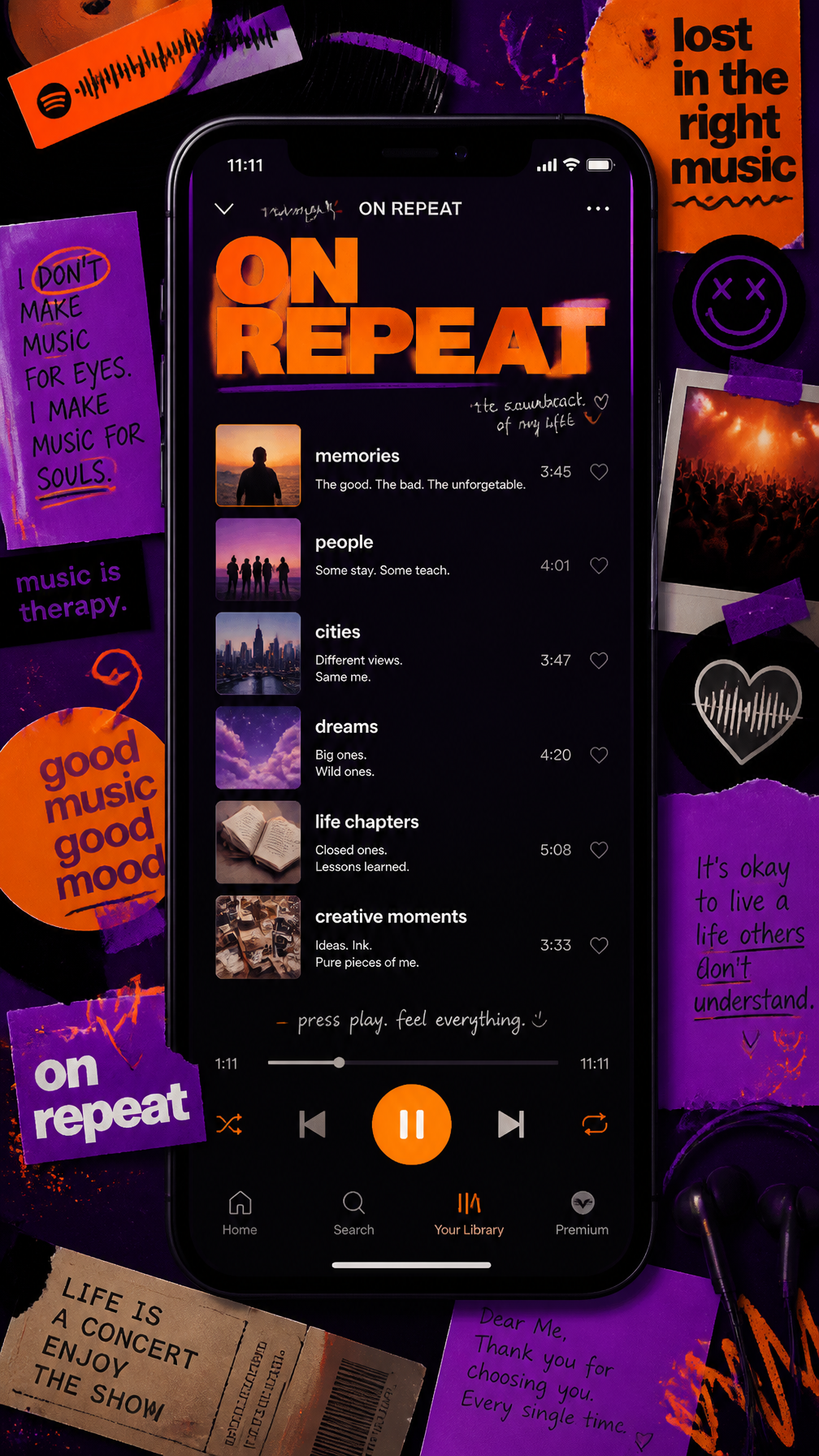 A premium 9:16 editorial lifestyle poster.Main Subject:A giant realistic playlist screen …