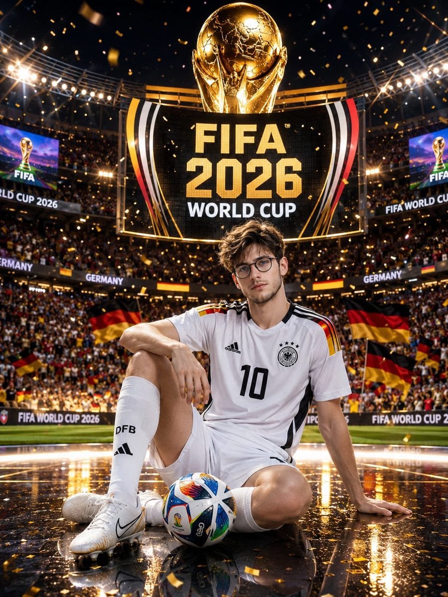 Ultra-realistic FIFA World Cup 2026 promotional poster featuring a handsome young male fo…