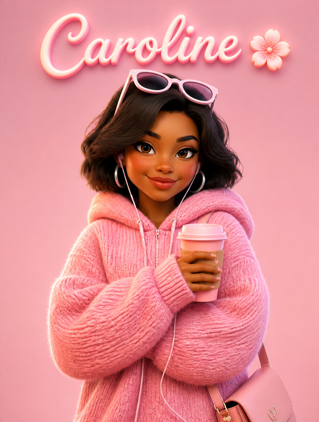 A cute Pixar-style 3D cartoon girl standing against a soft pastel pink background, wearin…