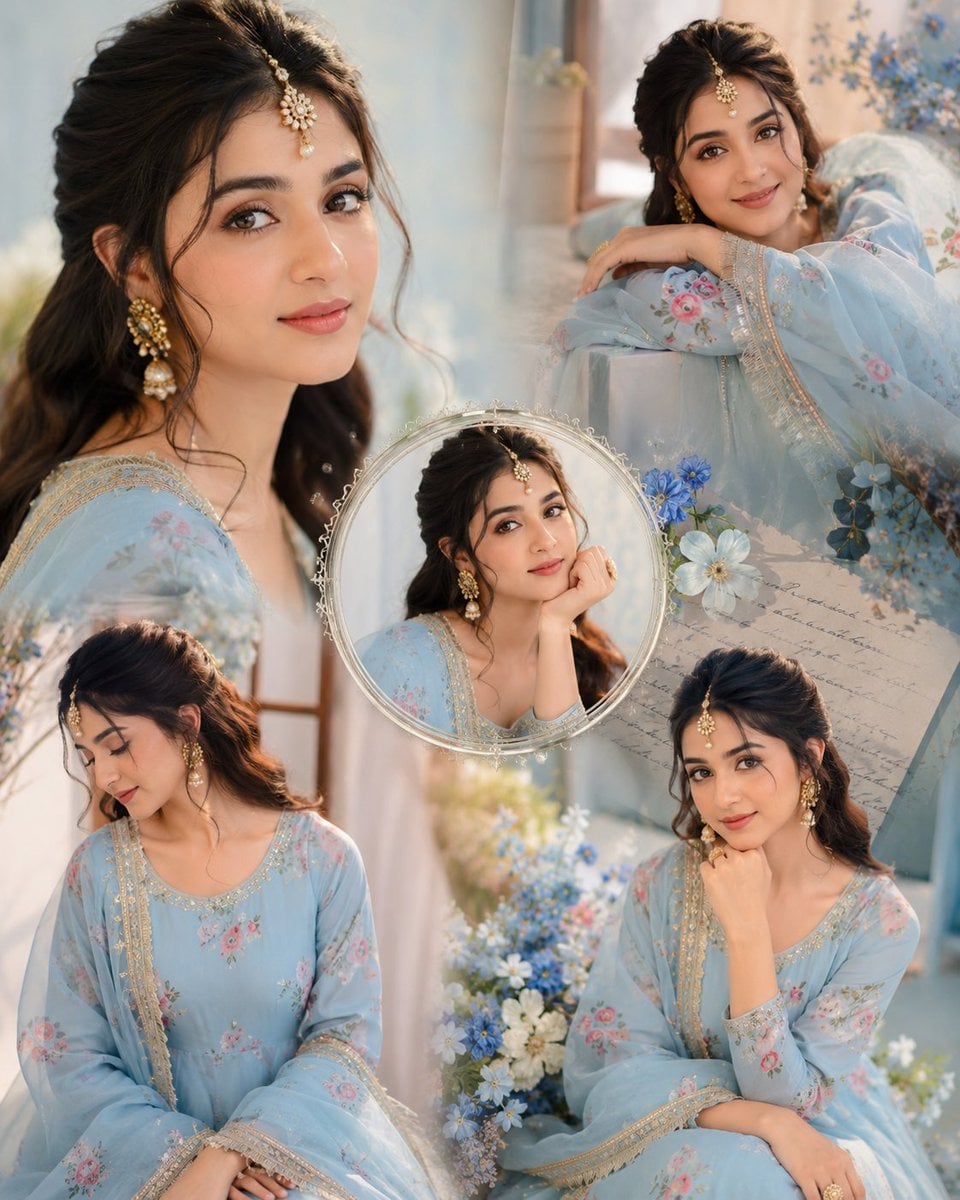 Create a dreamy aesthetic portrait collage of a beautiful young Indian girl wearing a sof…