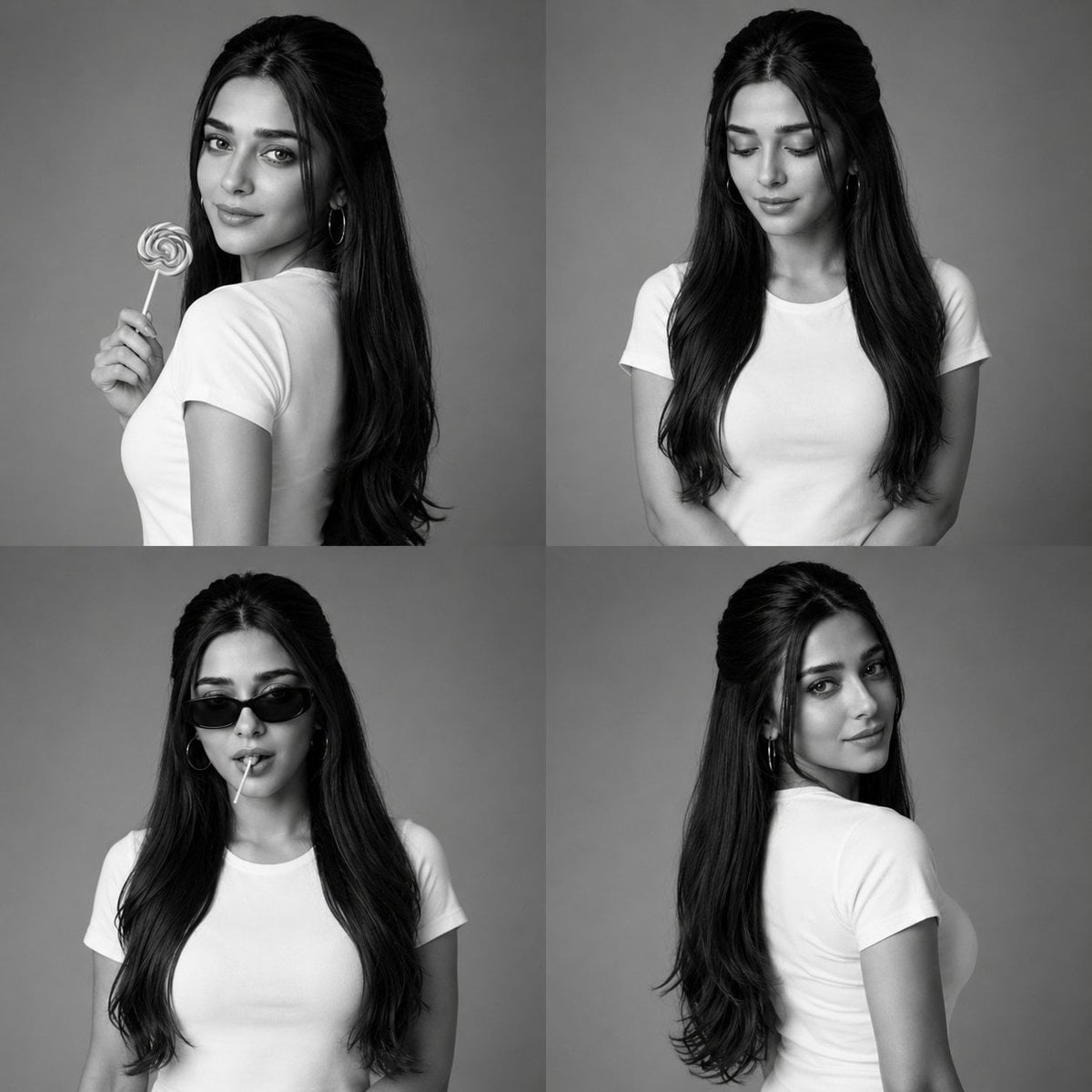 Create a luxury black-and-white fashion studio collage arranged in a clean 2×2 grid, feat…