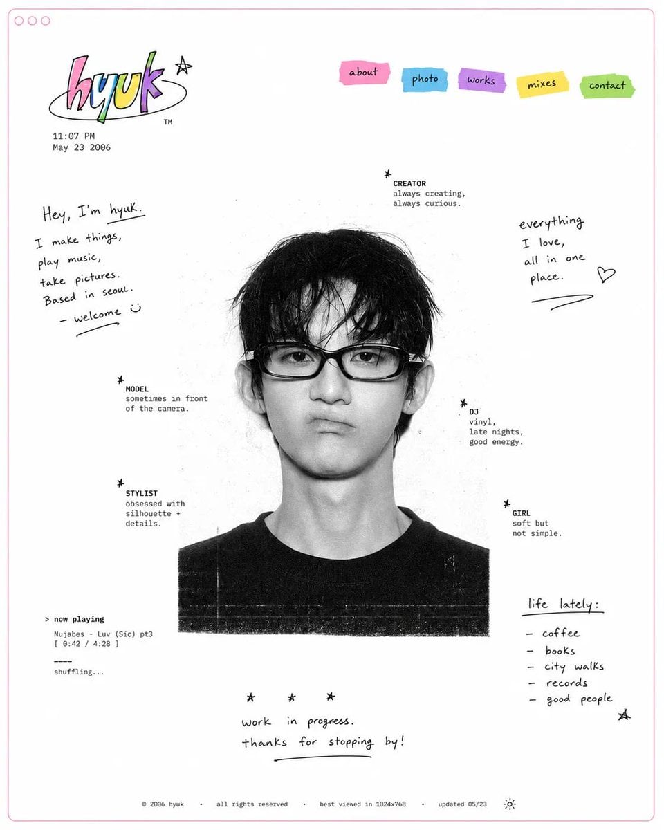Design a minimal early-internet personal profile webpage / digital portfolio landing page…
