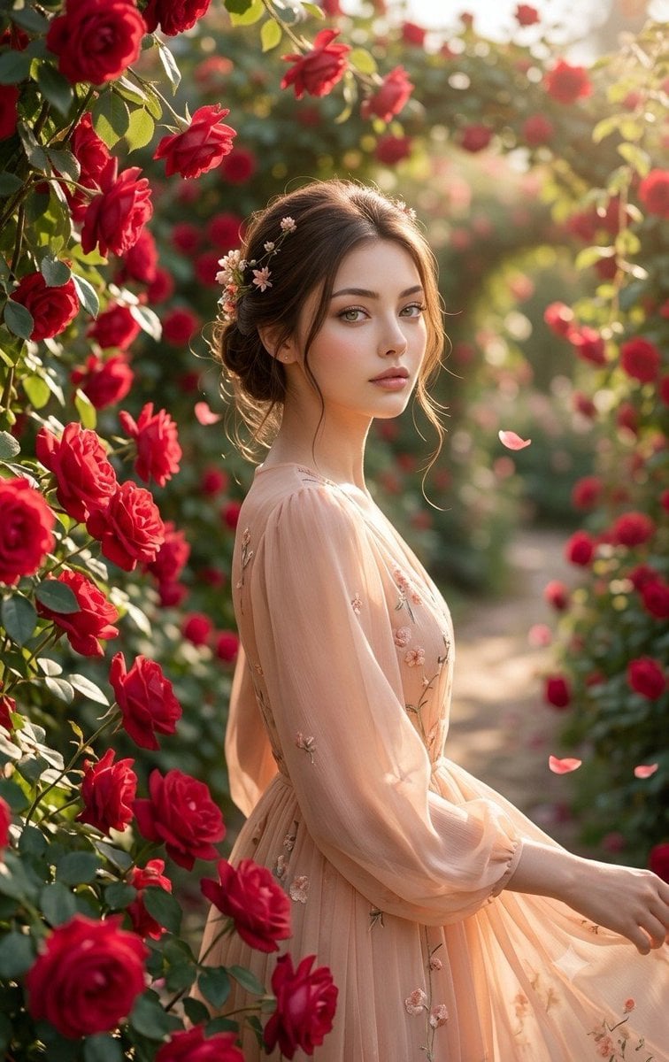Ultra-realistic cinematic portrait of a beautiful young Korean girl standing in a lush ro…
