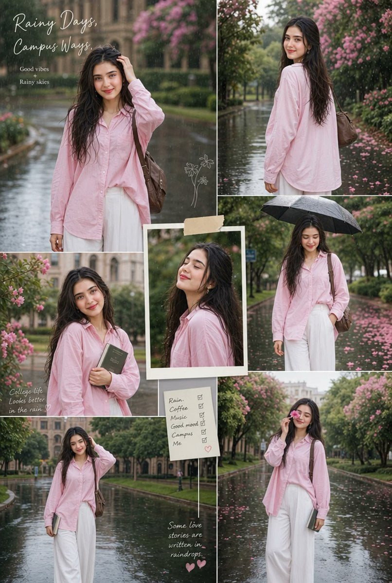 Create an aesthetic rainy-season college portrait collage featuring stylish young woman w…