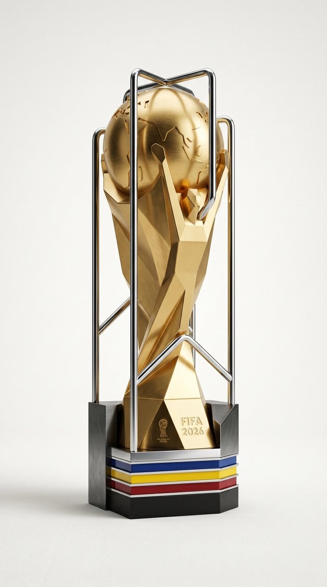 A highly detailed, photorealistic product render of the FIFA 2026 World Cup trophy, featu…