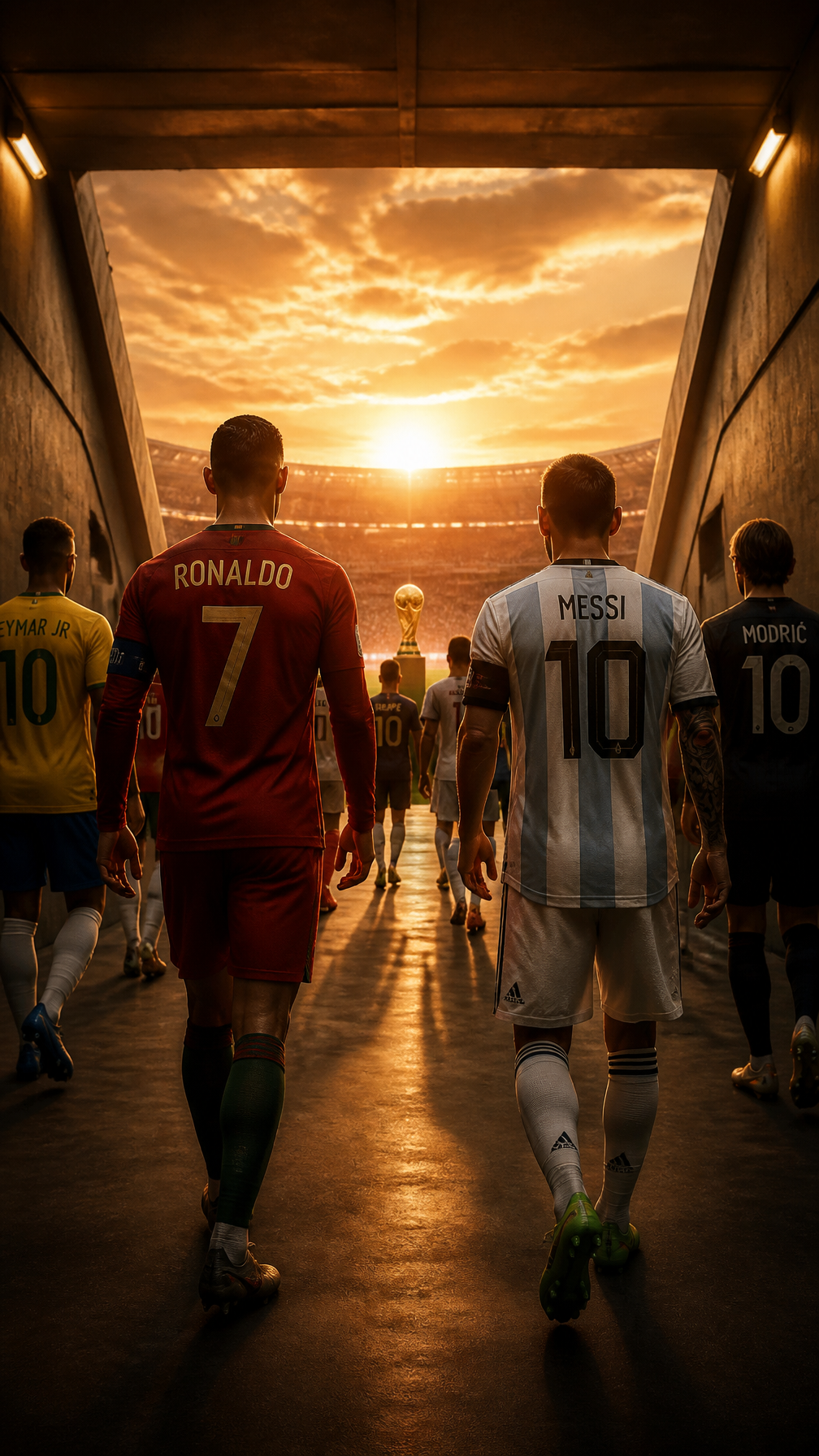 Famous soccer players Ronaldo and messi on other side in iconic jerseys approaching a FIF…
