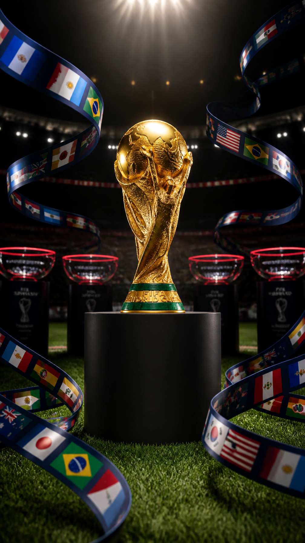 The FIFA World Cup trophy sits centered on a matte black cylindrical pedestal, its polish…