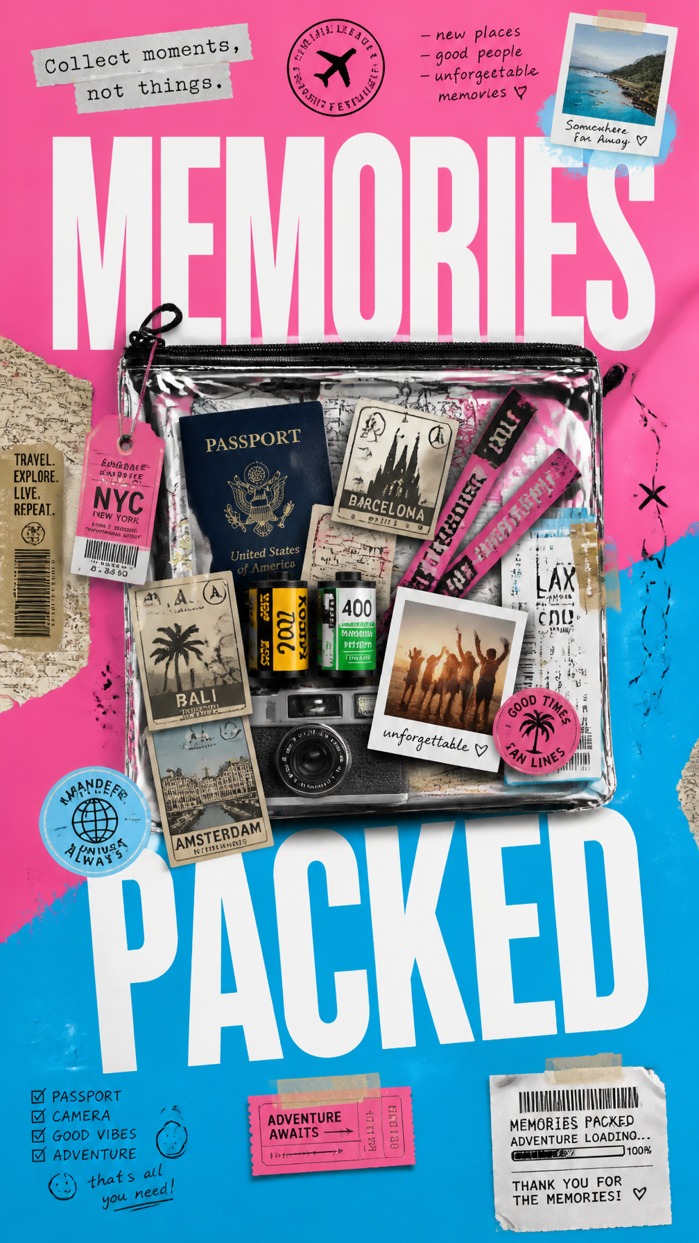 A premium 9:16 lifestyle storytelling poster.Main Subject:An oversized transparent travel…