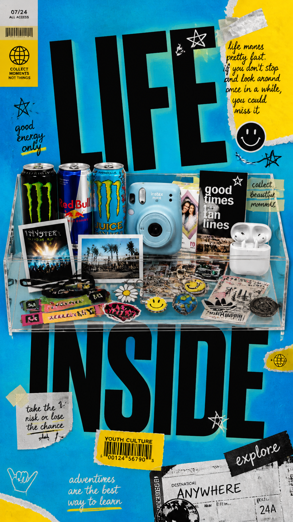 A premium 9:16 youth-culture lifestyle advertising poster.Main Subject:A transparent refr…