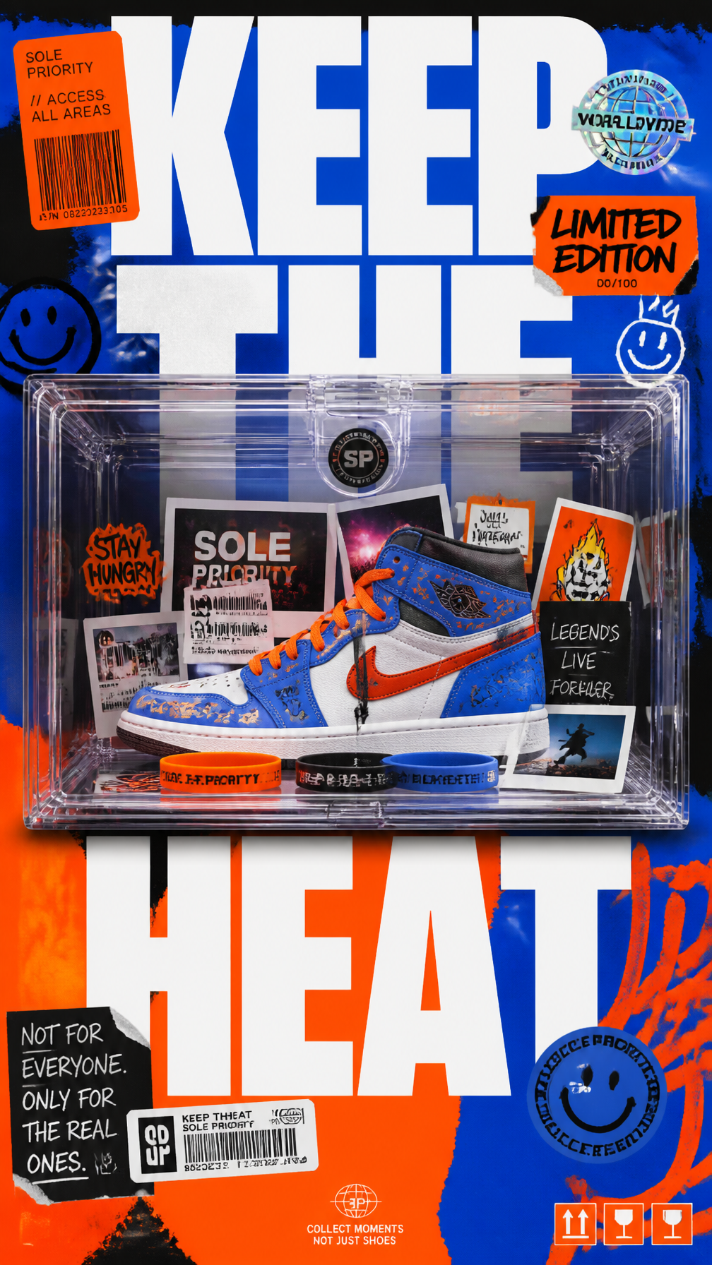 A premium 9:16 youth-culture advertising poster.Main Subject:A transparent sneaker storag…