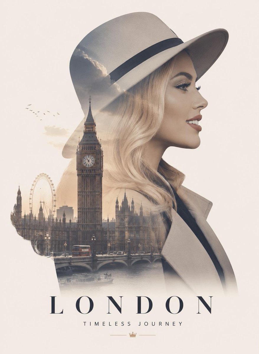 Ultra-premium double exposure travel poster, elegant side-profile portrait of a beautiful…