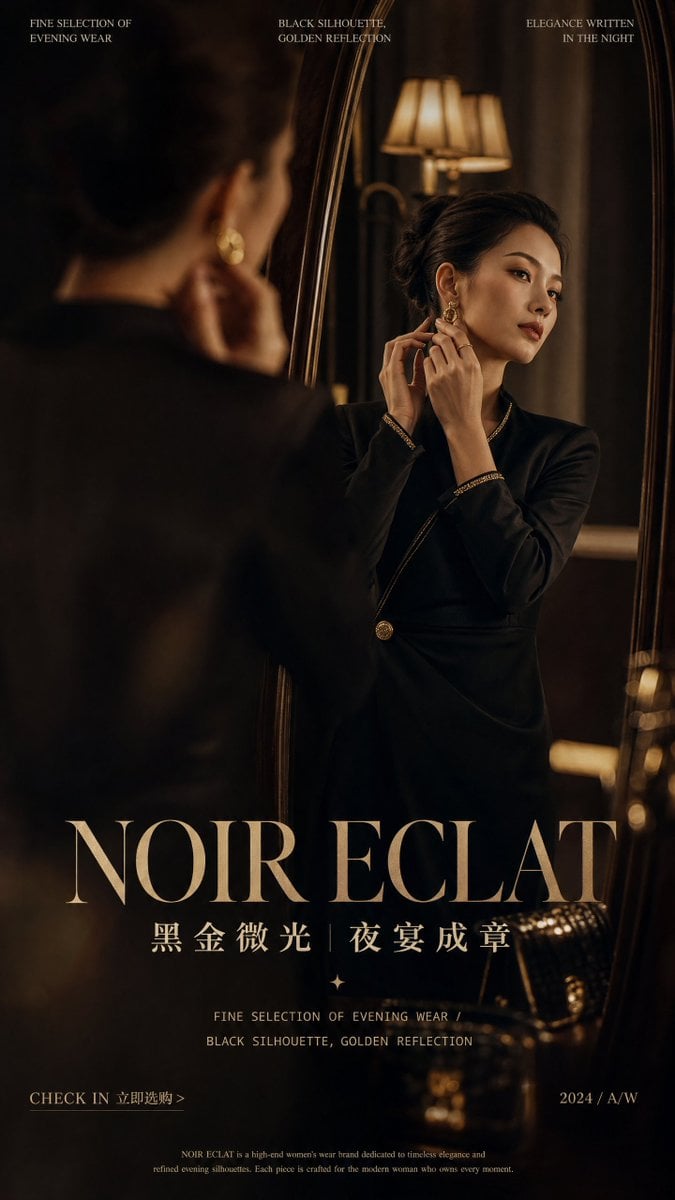 Create a vertical 9:16 high-end fashion campaign poster for [Brand Name], featuring [Them…