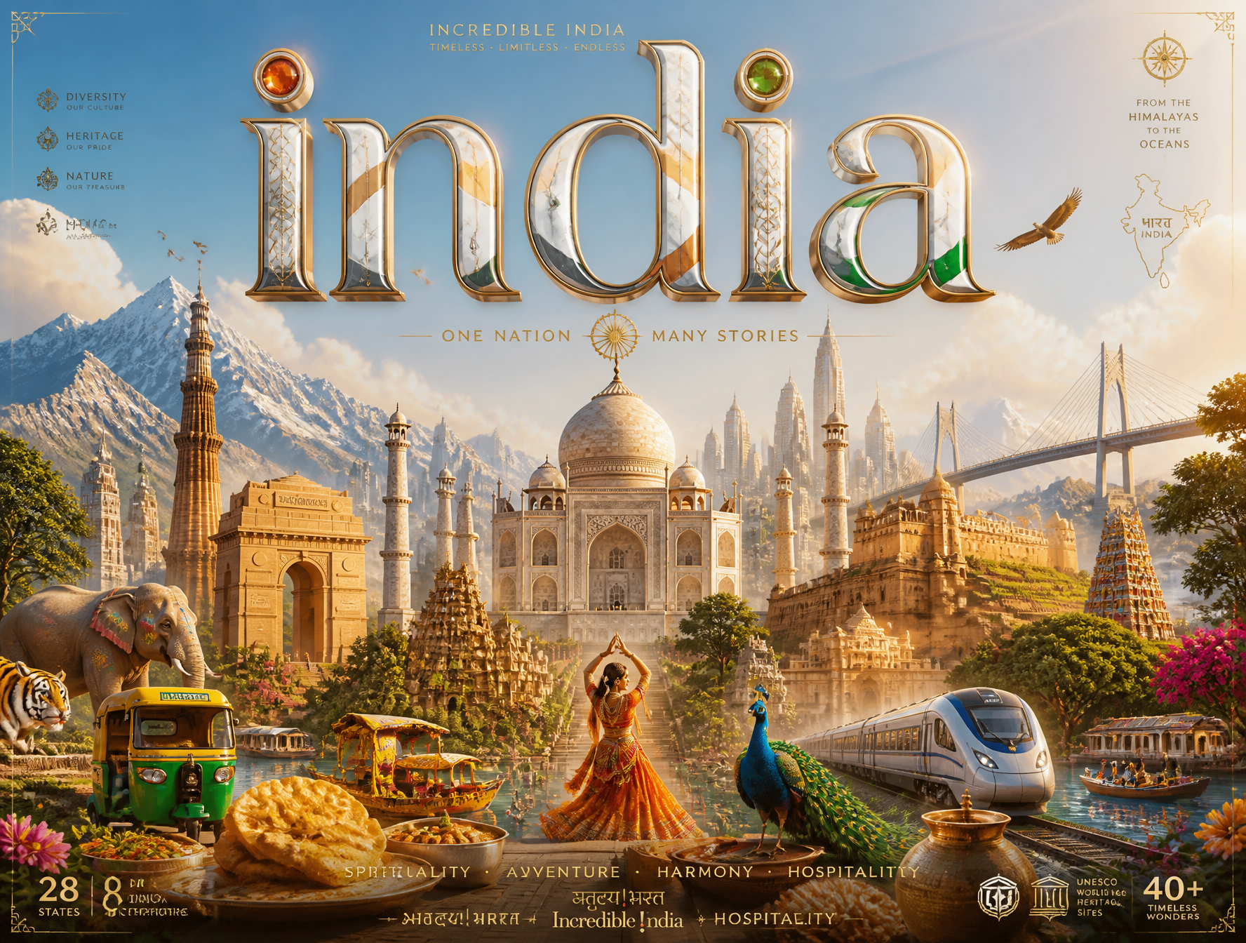 Ultra-premium cinematic 3D travel poster for [INDIA], bright luxury aesthetic, soft sunli…