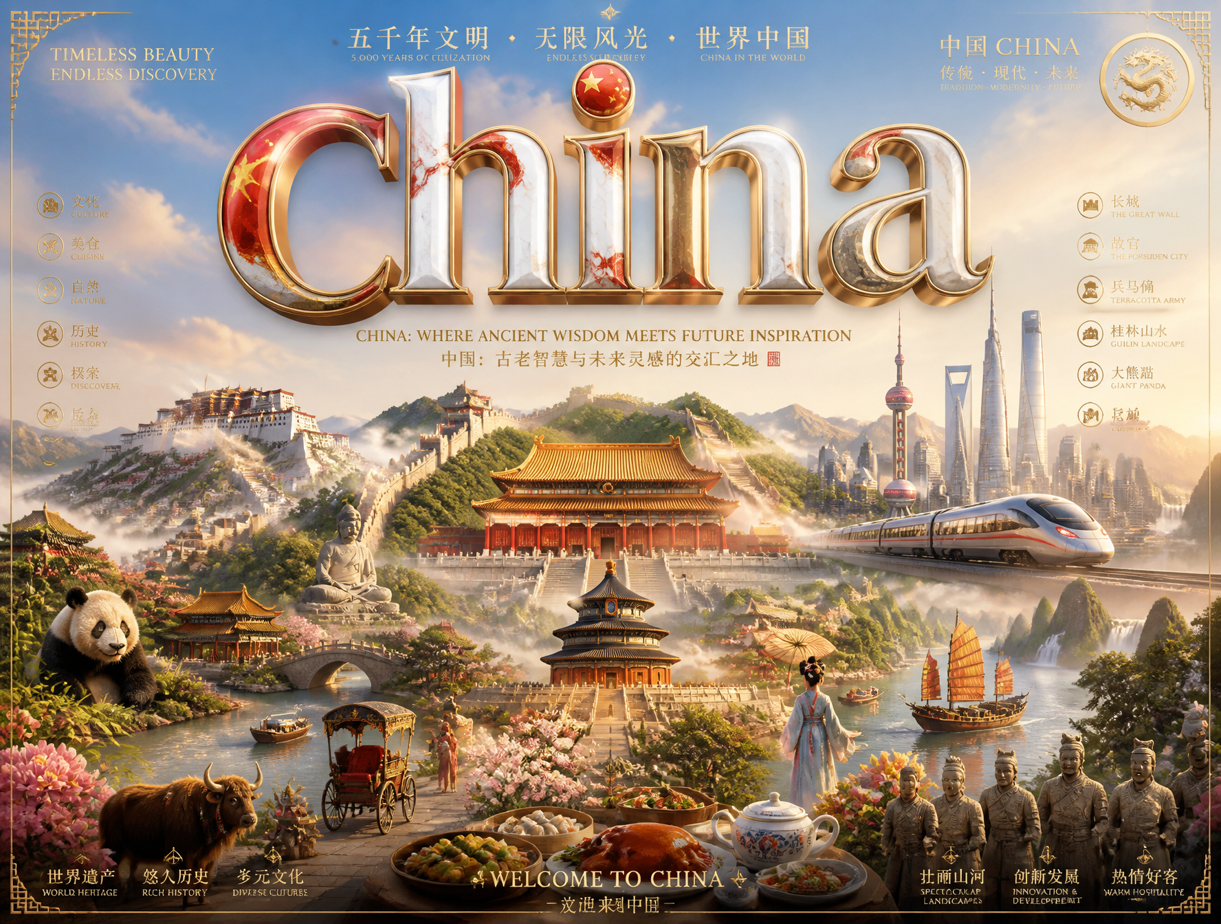 Ultra-premium cinematic 3D travel poster for [CHINA], bright luxury aesthetic, soft sunli…