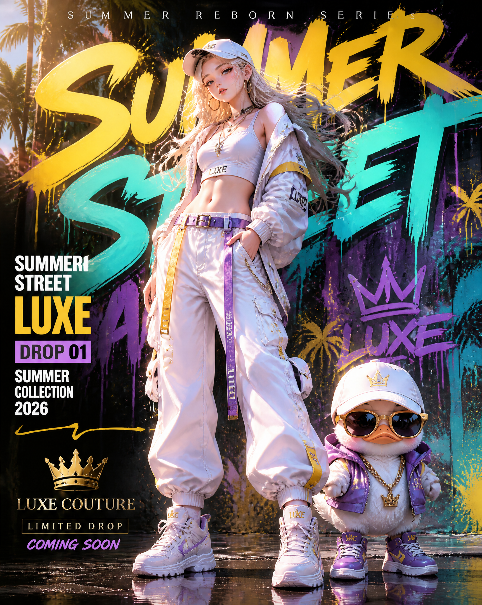 Generate a vertical 4:5 high-end streetwear fashion poster featuring a "luxury summer str…