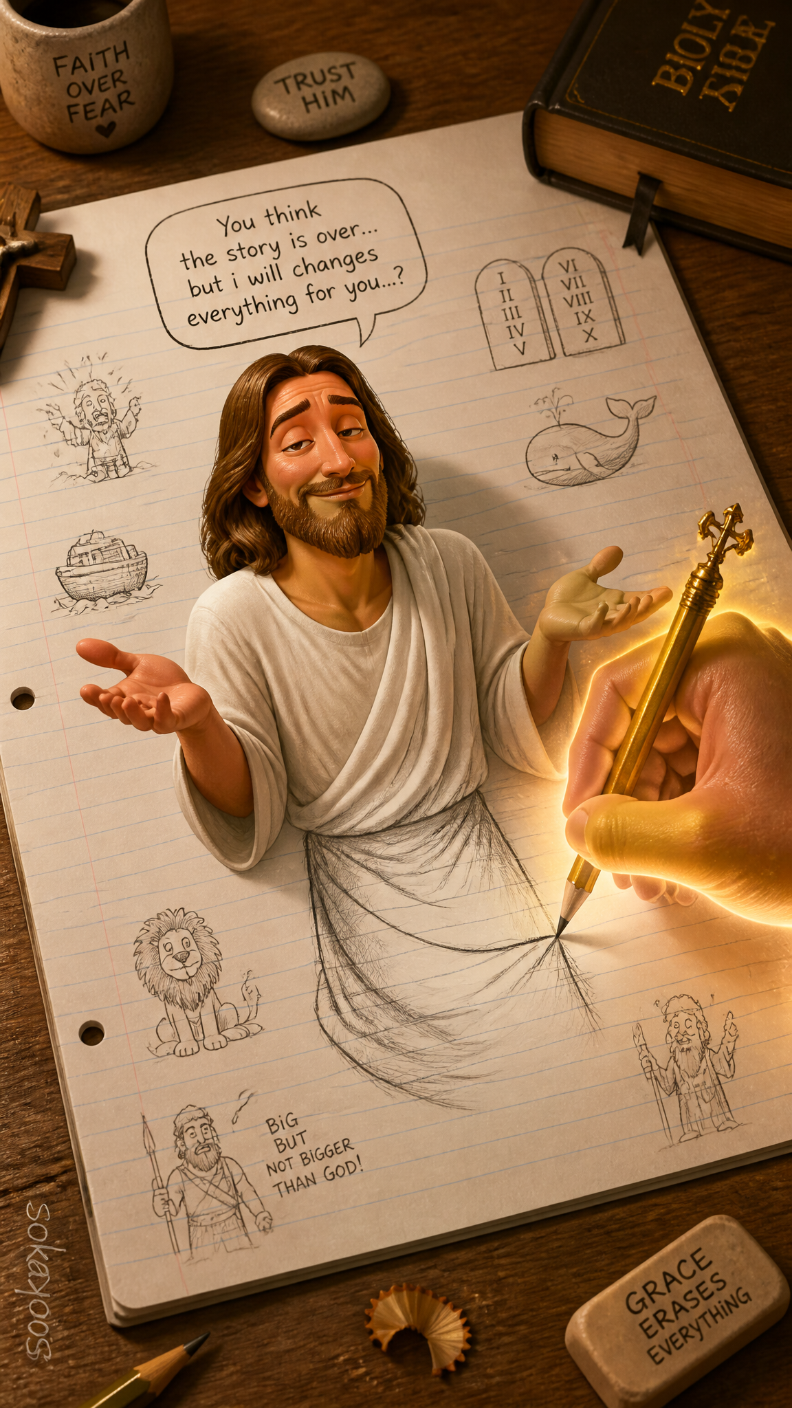 A humorous, exaggerated artwork showing Jesus, wearing a simple robe,