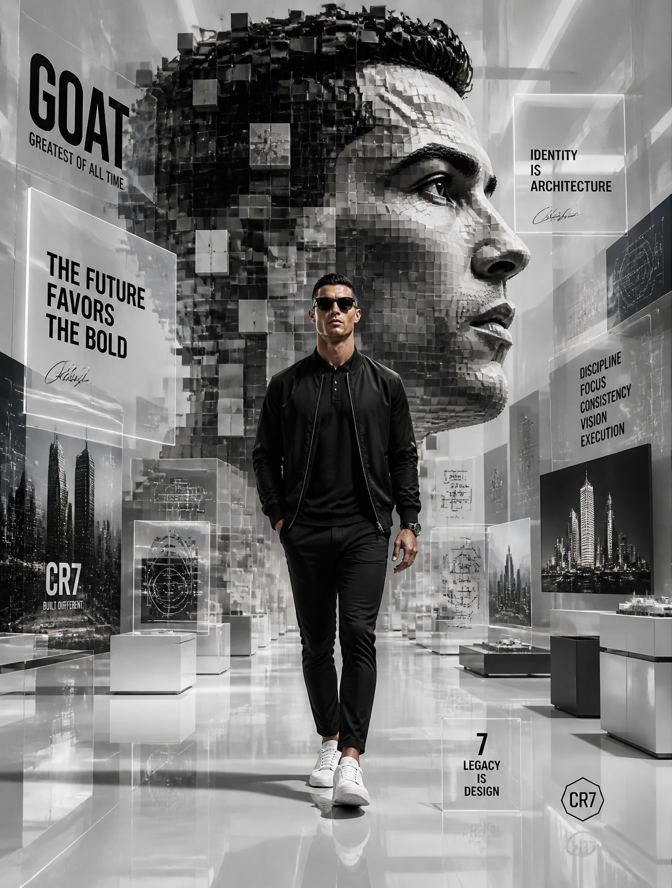 A futuristic monochrome motivational digital artwork featuring a man resembling Christian…