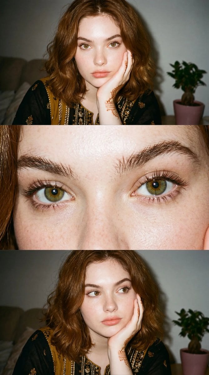 Ultra-realistic candid flash photography, 35mm film aesthetic, three-panel vertical colla…