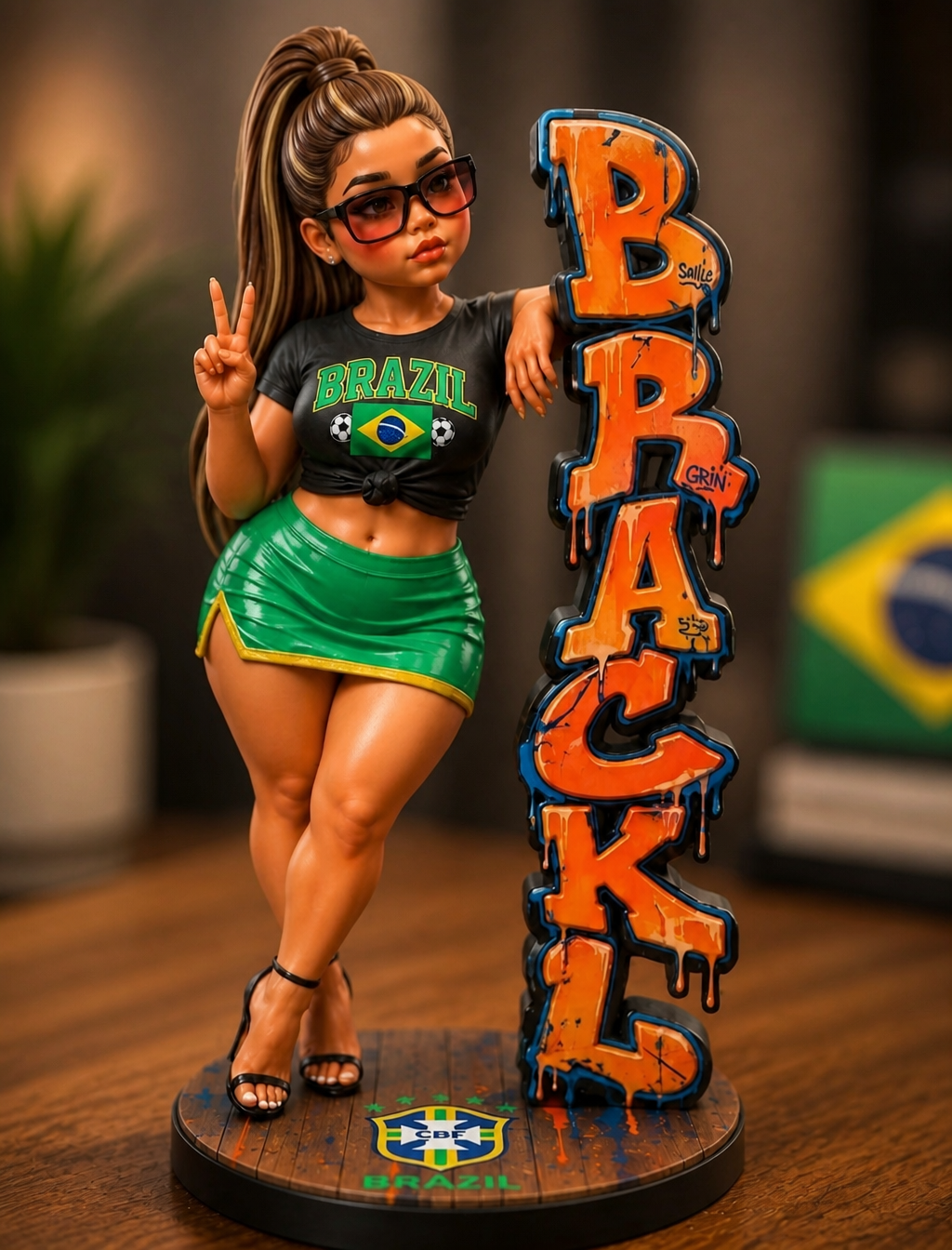 A highly detailed, stylized vinyl collectible figurine of a young woman with a high ponyt…