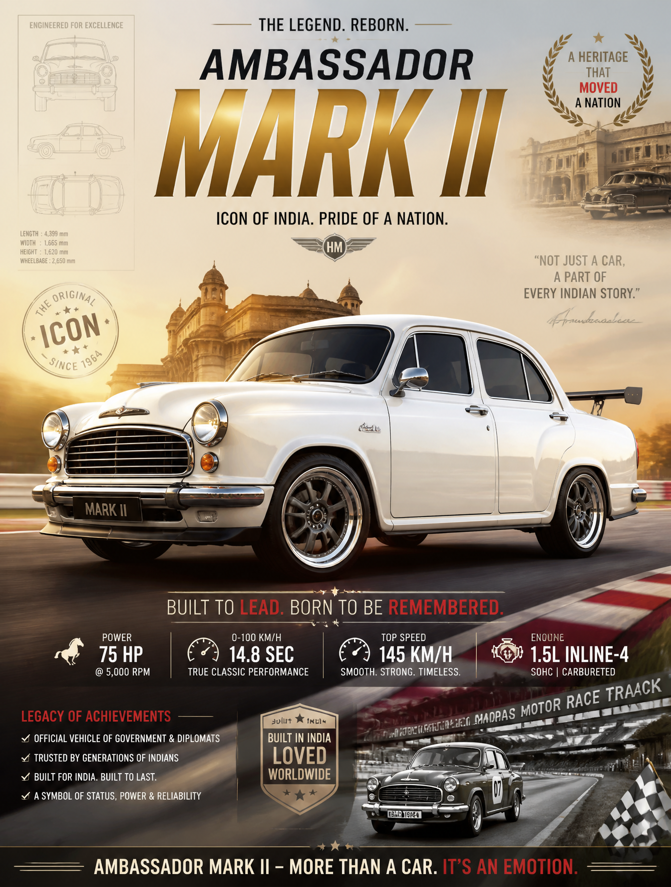 Create image Create an epic premium automotive poster of [Ambassador Mark II].Place the c…