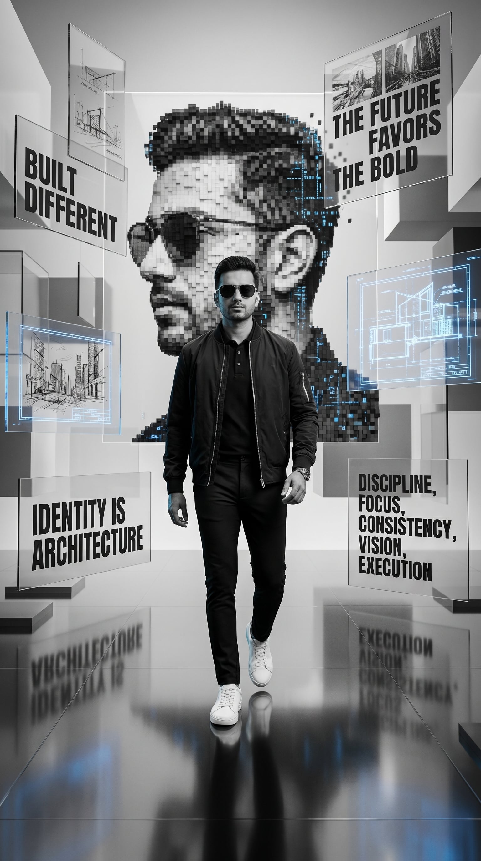 A futuristic monochrome motivational digital artwork featuring a man resembling *Gaurav K…
