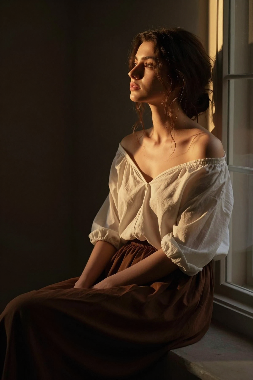 A classic artistic style of portrait a young woman with shoulder-length  dark brown hair …