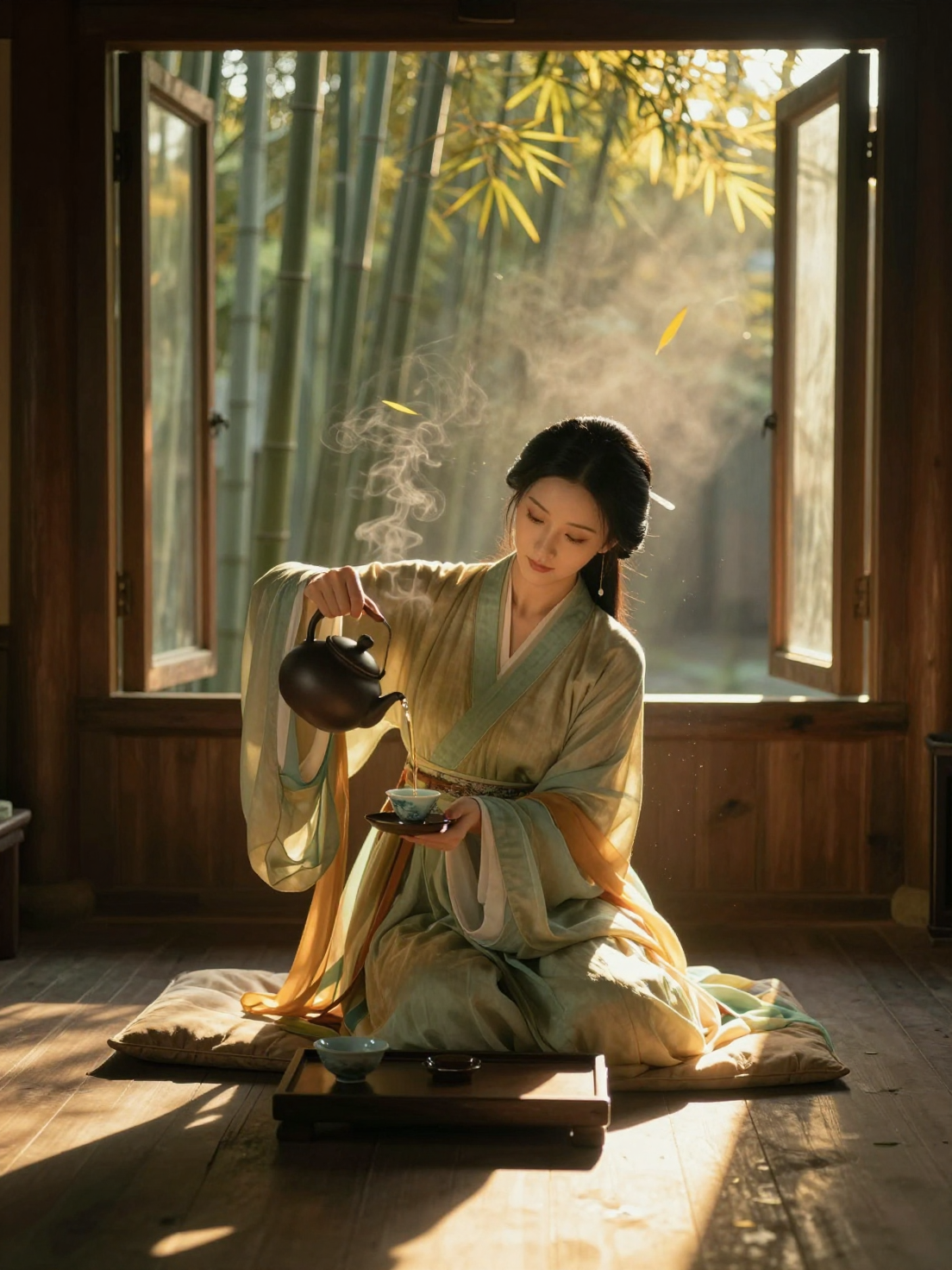 A full-body, cinematic vertical portrait in 3:4 ratio of a graceful Tang Dynasty Chinese …