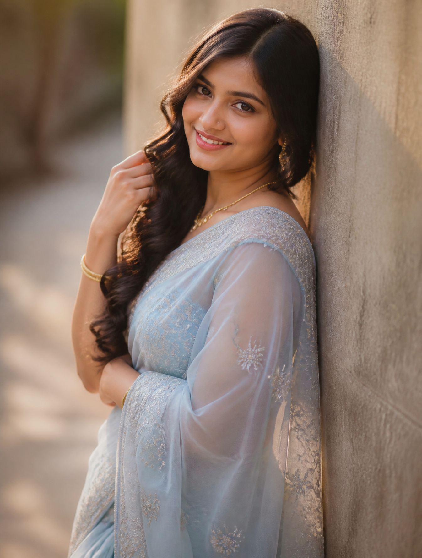Ultra-realistic young Indian woman wearing a luxurious  powder blue organza saree with de…