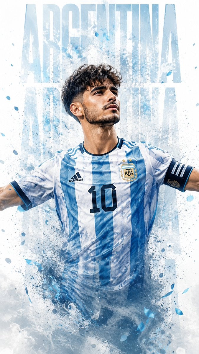 A male footballer with a face similar to the reference photo wearing the Argentina nation…