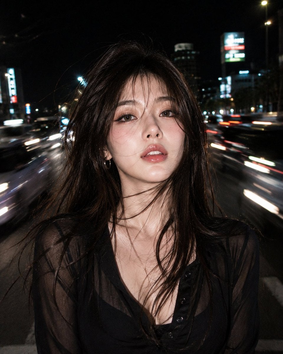 Ultra realistic RAW night flash portrait of a beautiful young woman with the same face as…