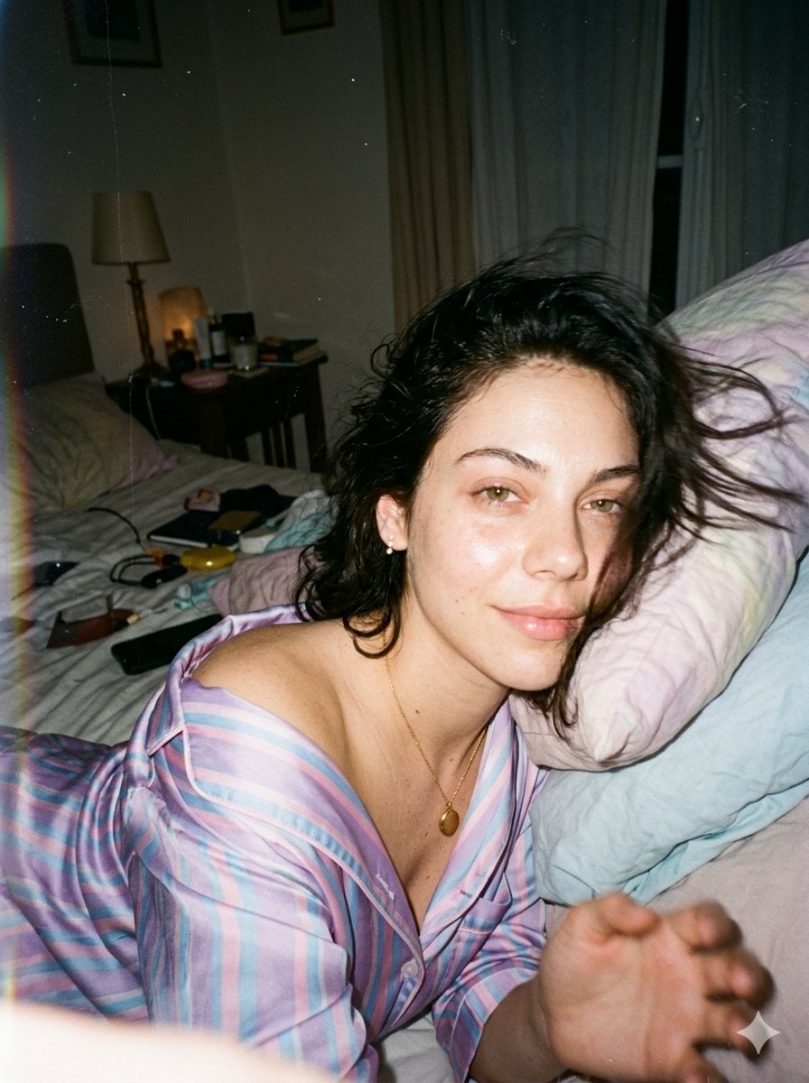 A candid disposable-camera snapshot of the same subject in the attached image. A selfie s…