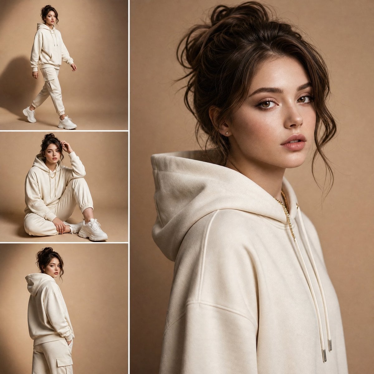 A high-end luxury fashion lookbook editorial presented as a dynamic multi-panel collage g…