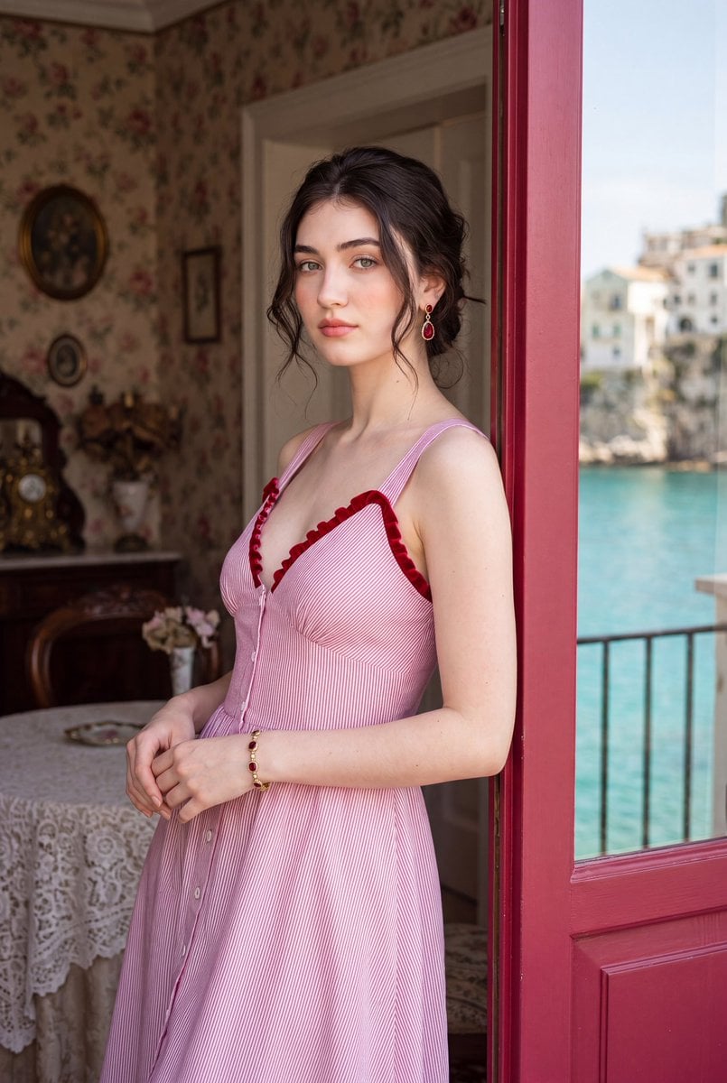 Photorealistic romantic European travel editorial portrait of a beautiful young woman, st…