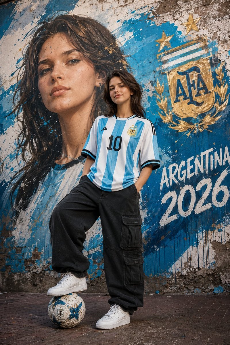 A confident young woman standing with one foot on a soccer ball, wearing an Argentina nat…