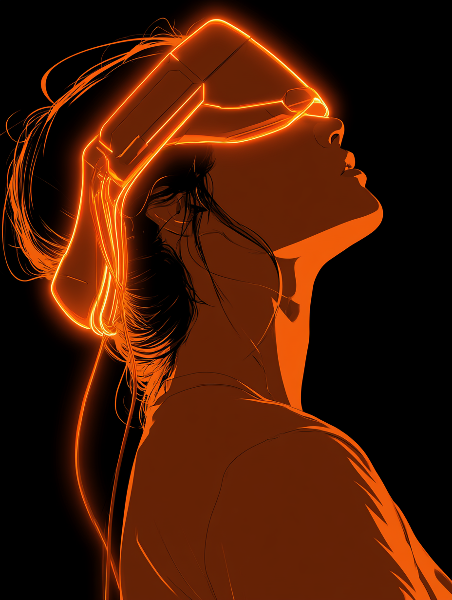 A silhouette of a woman in profile gazes upward, wearing a futuristic VR headset defined …
