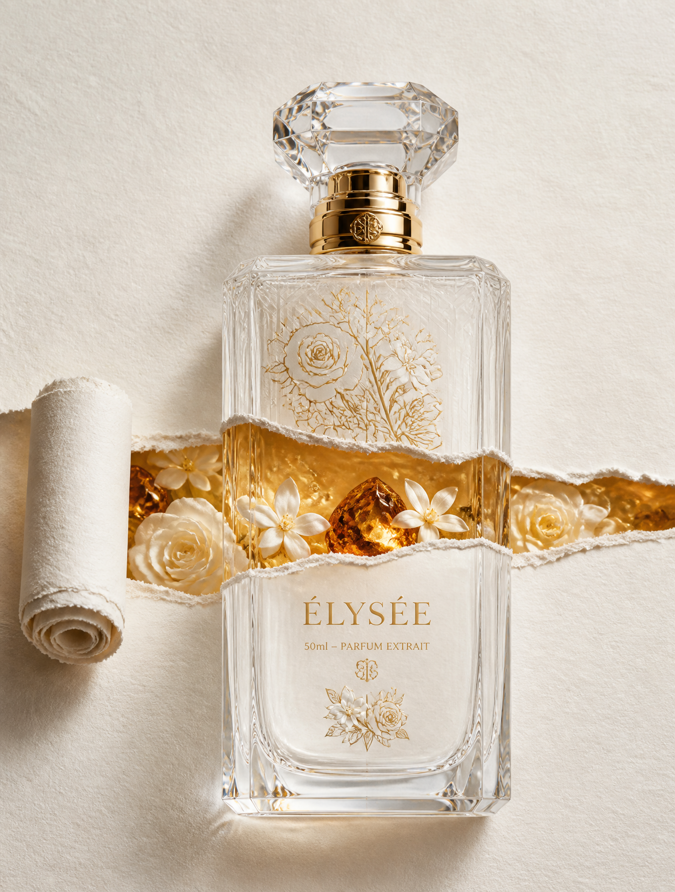 A photorealistic, highly detailed luxury commercial product photograph of an elegant crys…