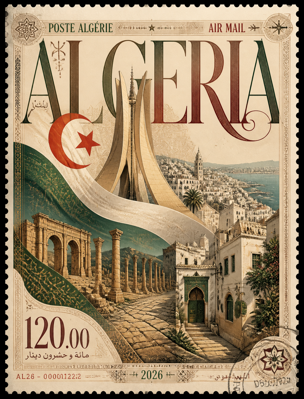 Create an image of an ultra-premium collectible postage stamp poster celebrating Algeria,…