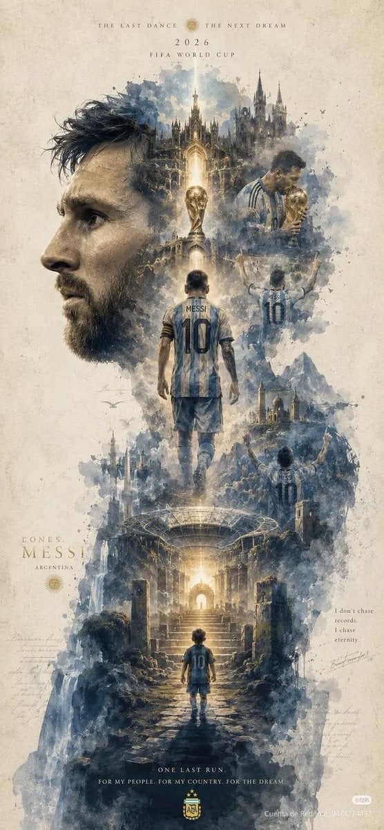 Epic cinematic watercolor poster of Lionel Messi, giant side-profile portrait dominating …