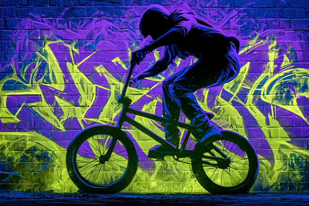 An urban graffiti glow silhouette of [Subject], with a bold outline against a backdrop of…