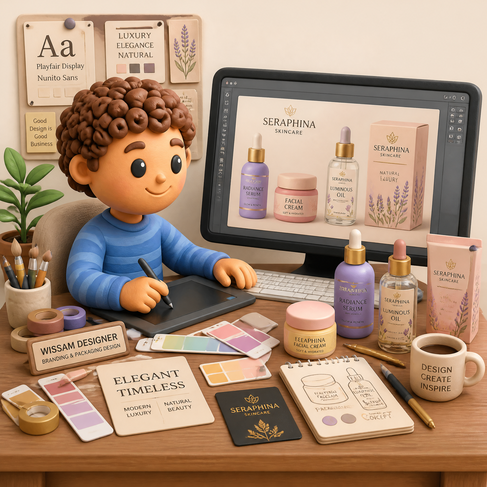 Cute 3D clay illustration of Wissam Designer working on a premium cosmetics packaging pro…
