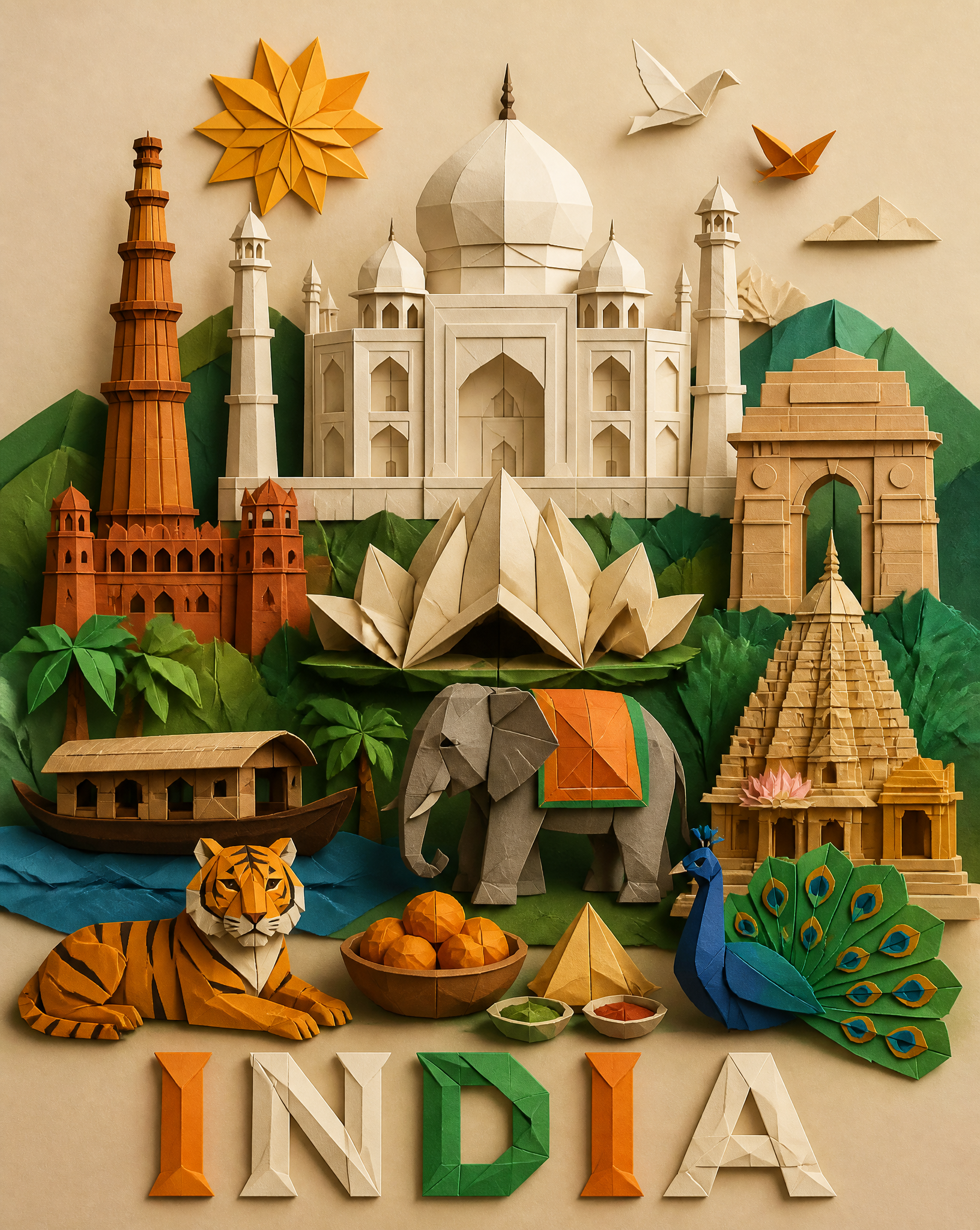 Origami paper art style illustration of [COUNTRY NAME]=India, vertical 4:5 composition. F…