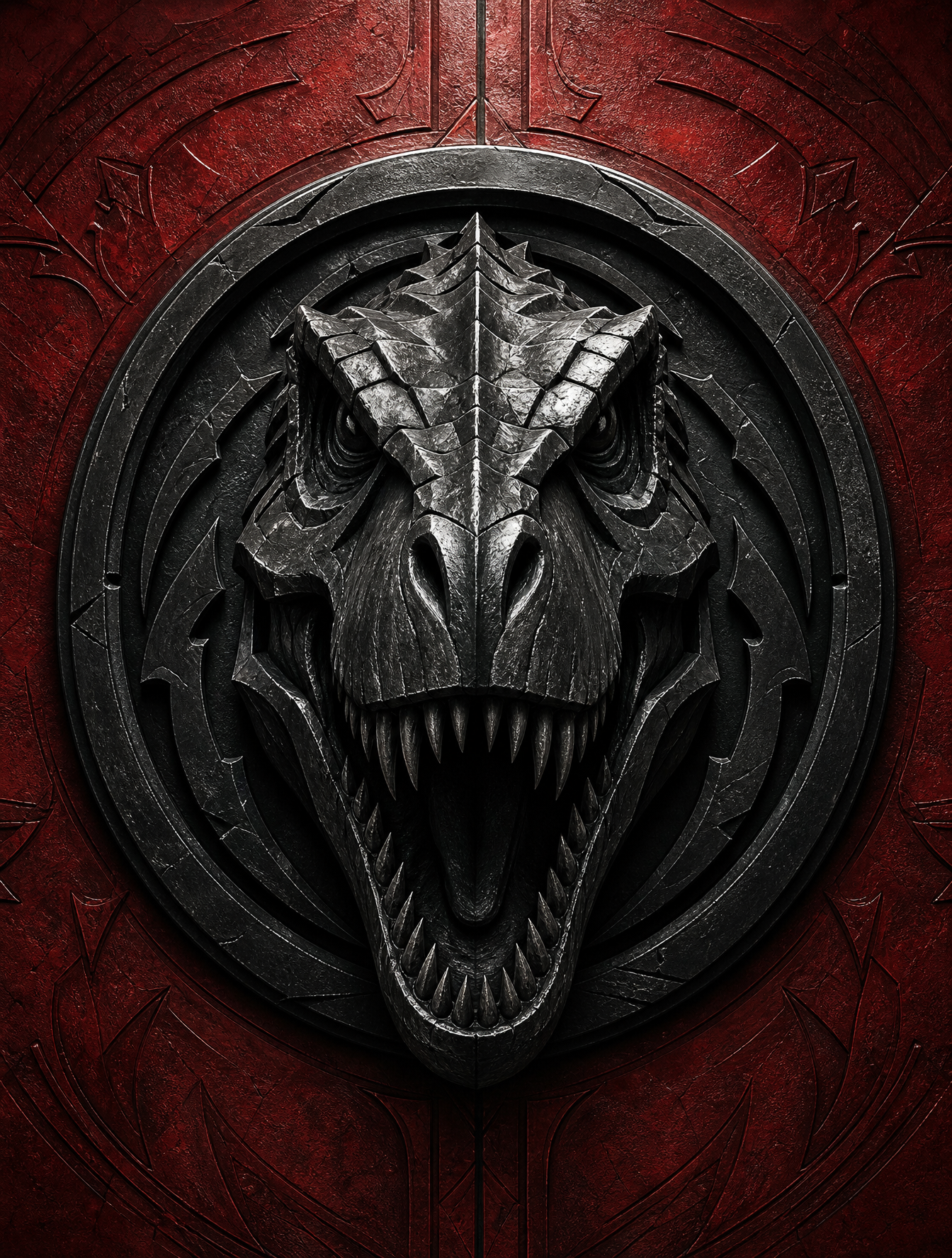 A massive 3D [T-rex] sculpted from matte black forged metal, mounted on a deep crimson re…