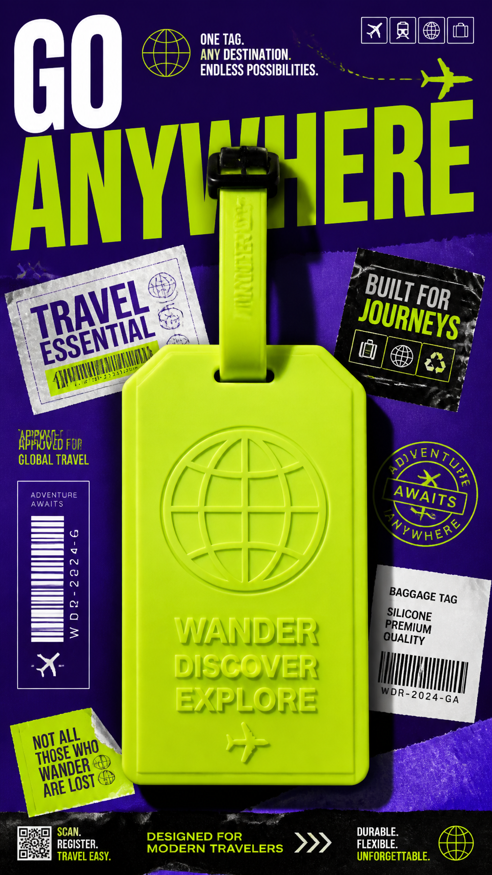 A premium 9:16 travel accessories advertising poster.Central Subject: