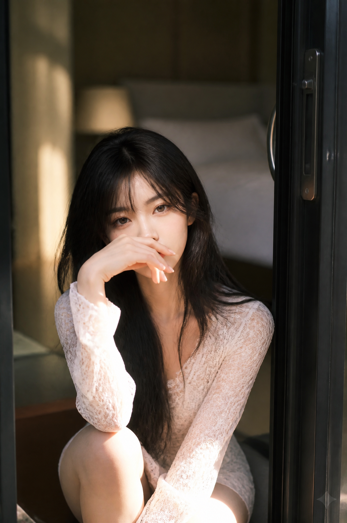 A beautiful Asian woman with long, flowing dark hair sits gracefully in the threshold of …
